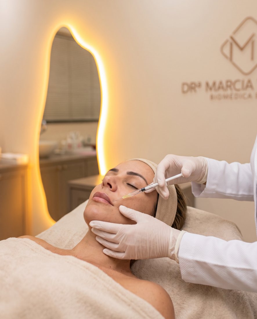 Aplicação de preenchimento facial com seringa na região da bochecha de uma paciente